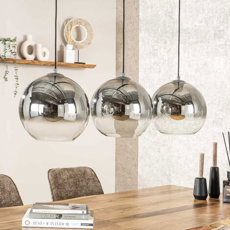 M&S – Suspension 3 lampes rondes en verre fumé gris – Dimensions 115x30x150 cm – Compatible E27 – Hauteur réglable jusqu'à 150 cm
