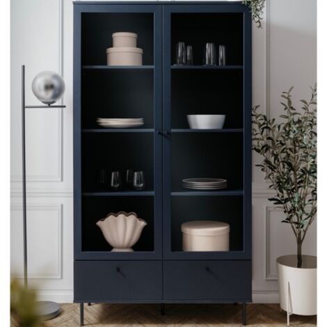 Calicosy – Vitrine 2 portes 2 tiroirs 100x40x183,4 cm – Façade vitrée pour vaisselle – Structure en panneaux de particules mélaminés – Pieds en métal (1/10)