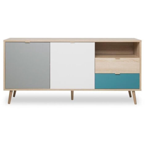 Buffet 2 portes 2 tiroirs 150x40x71 cm naturel et bleu - BAULEO (1/7)