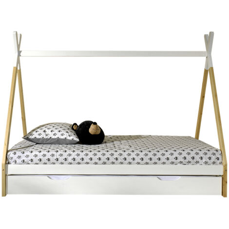 Lit enfant tipi avec tiroir 90x200 cm en pin blanc et naturel - INDY (1/5)
