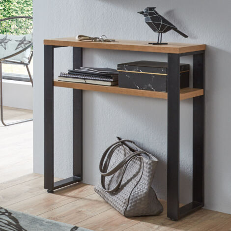 Console double plateau 70x28x75 cm décor chêne et métal noir
