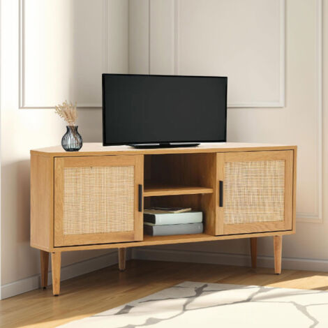 M&S – Meuble TV d'angle 115x55x55 cm naturel – Cannage en rotin – 2 portes avec poignées – Passe-câbles intégré