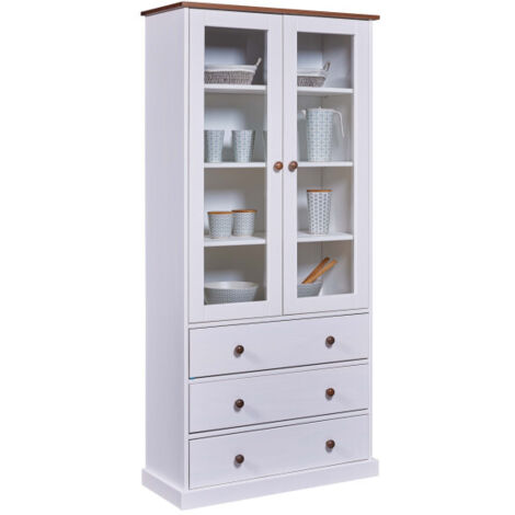 Vitrine 2 portes 3 tiroirs en pin blanc et naturel - MAINE (1/5)
