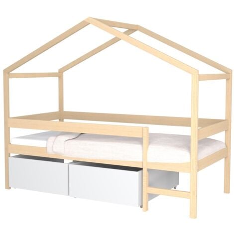 Lit cabane 90x190 cm avec sommier à lattes et 2 tiroirs naturel