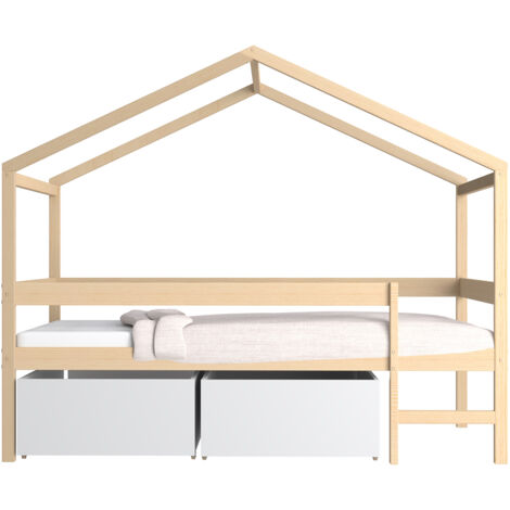 Lit cabane 90x190 cm avec sommier à lattes et 2 tiroirs naturel