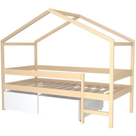 Lit cabane 90x190 cm avec sommier à lattes et 2 tiroirs naturel
