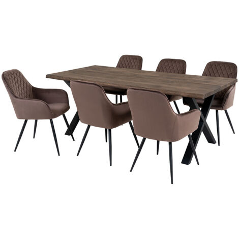 Ensemble table 200 cm chêne brun + 6 fauteuils velours taupe - AUKLET (1/5)
