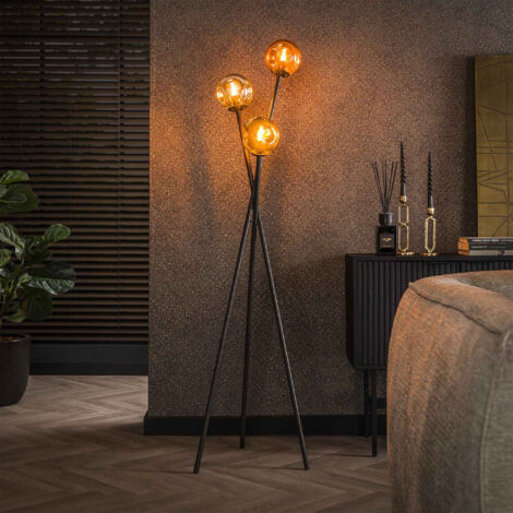 Lampadaire avec 3 lampes en verre doré, cuivré et chromé - AMP
