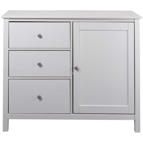 Buffet 1 porte 3 tiroirs 110x39,5x96 cm en pin blanc - CHILOM (1/5)