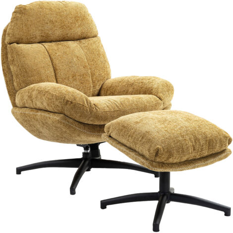 M&S – Fauteuil et repose-pied en tissu chiné moutarde – Structure acier laqué – Rembourrage mousse polyuréthane – Dimensions 93x80x103,5 cm