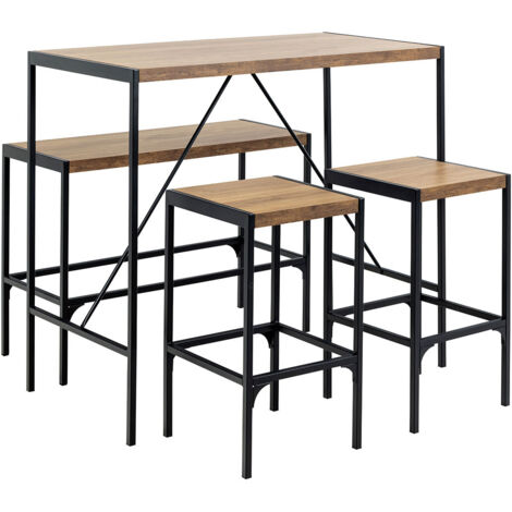 Ensemble table + banc + 2 tabourets décor chêne et piètement en acier (1/5)