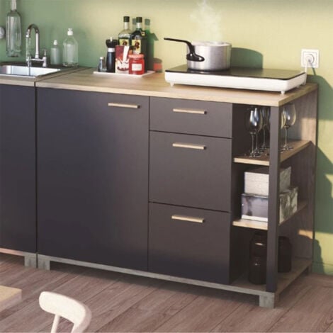 Meuble de cuisine 1 porte 3 tiroirs effet chêne et noir mat - KITCHY