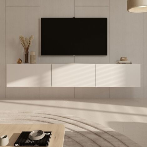 Petits-Meubles – Meuble TV suspendu 3 portes 180x35x29,6 cm blanc – Finition hêtre et panneaux de particules – Installation murale pour gain de place (1/6)