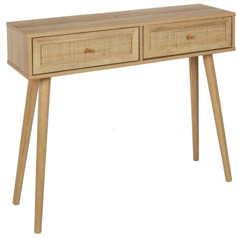 The Home Deco Factory – Console en bois et rotin Bali – 100 cm x 29 cm x 81 cm – 2 tiroirs en panneaux de particules – Style industriel élégant