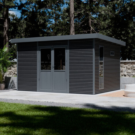 Abri de jardin bois composite 28mm – Surface 12m² – Dimensions 447x326x237cm – Toit simple pente – Protection UV et humidité (1/5)