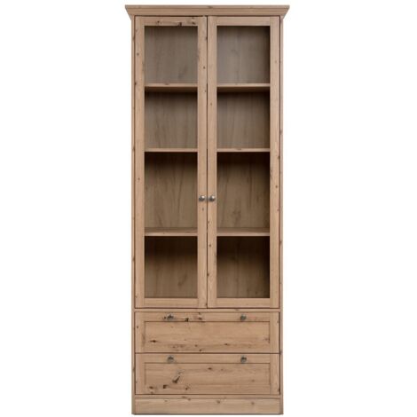 Calicosy – Vitrine 2 portes vitrées et 2 tiroirs L80 x l45 x h200 cm – Style vintage en chêne – Parfaite pour objets décoratifs (1/5)