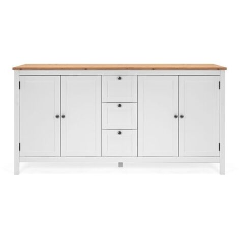Buffet 4 portes 3 tiroirs 180x40x90 cm blanc et naturel - BARGAN (1/5)