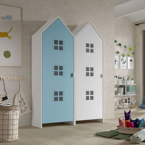 Armoire 2 portes 155x37x171cm bleu et blanc - CASMY