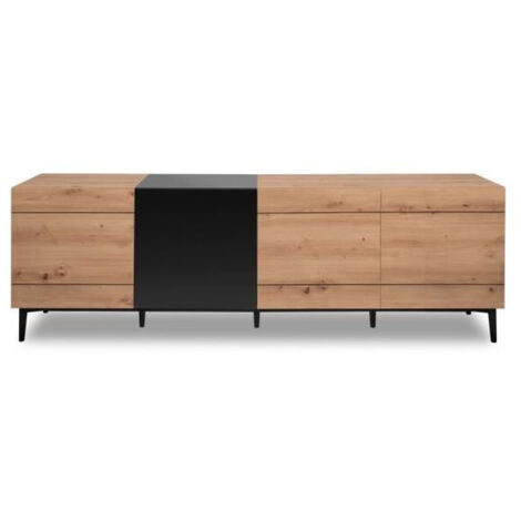 Buffet Bas - Decor chene et noir - 4 portes - NOLA - L 200 x P 42 x H 65 cm (1/10)