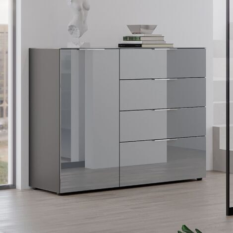 Bureau Moderne En Bois Gris – 2 Tiroirs – Plateau Verre – Longueur 105 Cm – Neuf