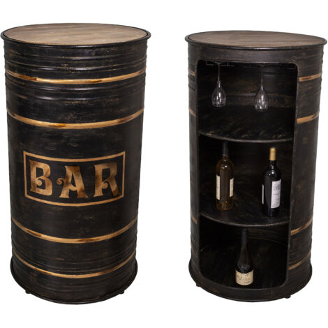 Bar tonneau rond 60x60x110 cm en fer noir et sapin