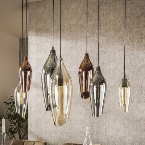 Suspension 7 lampes 120x40x150 cm en verre ambré, cuivré et chromé