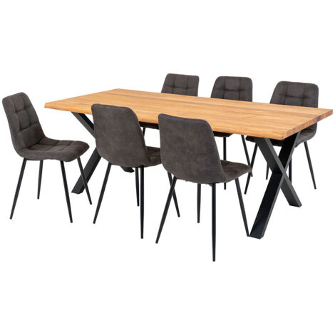 Ensemble table 200 cm en chêne + 6 chaises en velours gris - AUKLET (1/5)