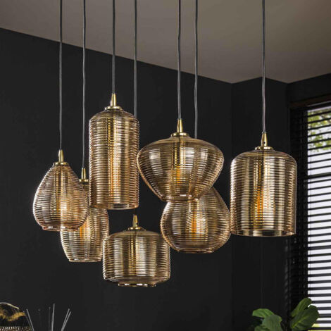 M&S – Suspension 7 lampes réglables en verre ambré – Dimensions 93x40x150 cm – Abat-jours diamètre 17 cm – Pour éclairage personnalisé