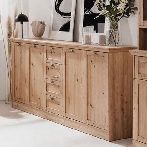 Calicosy – Buffet 4 portes 3 tiroirs 200x40x90 cm en panneaux de particules mélaminés décor chêne – Poignées en métal discrètes (1/6)