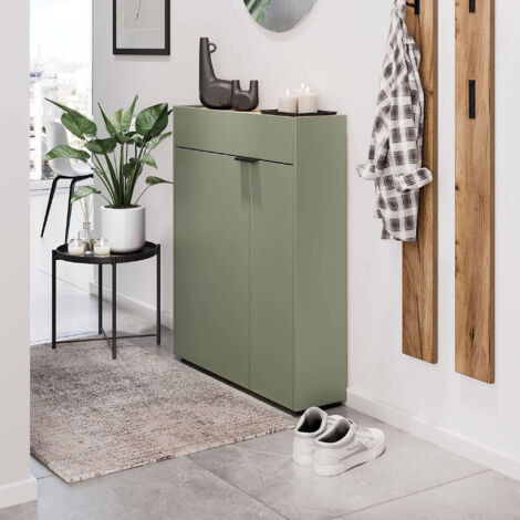 M&S – Meuble à chaussures 1 tiroir 2 portes 83x22x99 cm vert olive – Panneaux de particules mélaminés – 3 étagères réglables