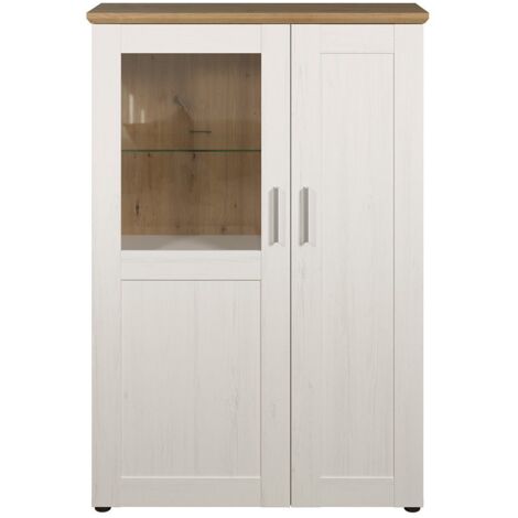 Buffet 2 portes 95x38x140 cm en panneaux mélaminés blanc et chêne – Surface en verre trempé – Rangement optimisé pour salon – Trendteam (1/5)