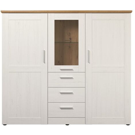 Buffet haut 3 portes 3 tiroirs 159 cm en panneaux MDF mélaminés pin blanchi et chêne – 1 tablette en verre – Label PEFC – Trendteam (1/8)