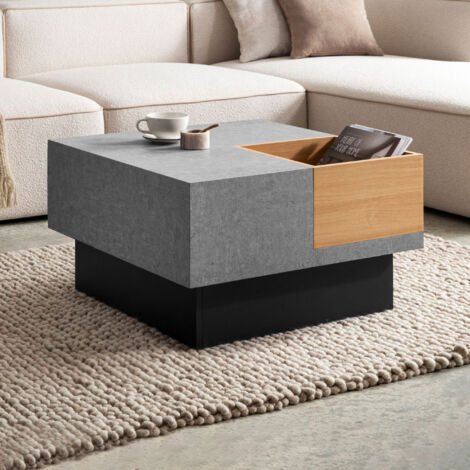 Table basse carrée 1 niche 65x40 cm effet béton gris et noir