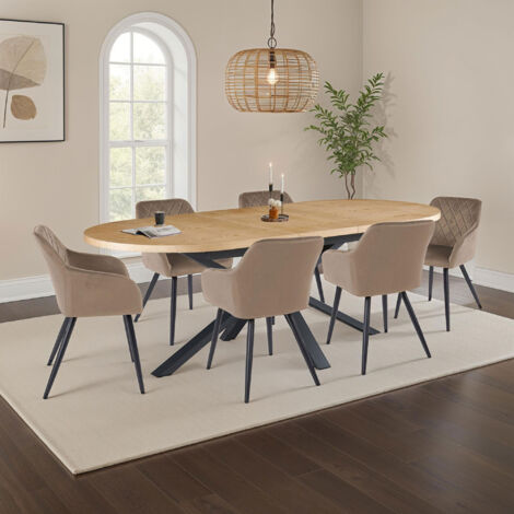 M&S – Table extensible effet bois 180-300 cm – 6 chaises velours taupe – Pieds métal thermosoudés – Confort optimal pour repas en famille