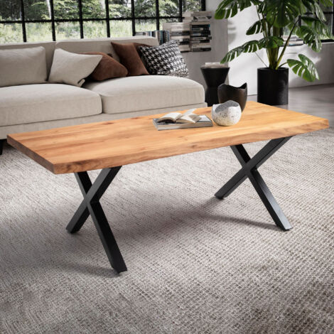 Table basse pieds croix 120x60x46 cm en acacia naturel et métal noir