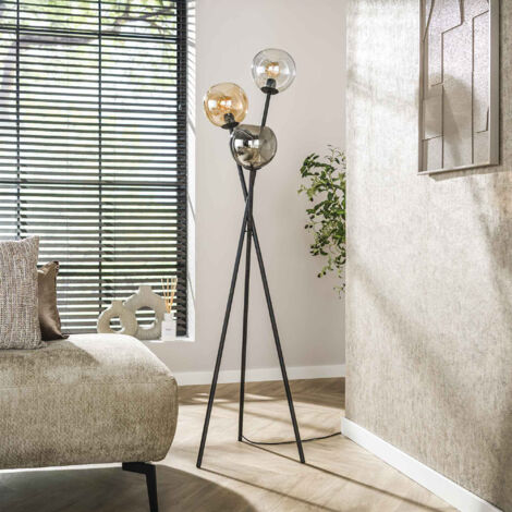 Lampadaire 3 lampes boules 45x174 cm en verre chromé, ambré et noir