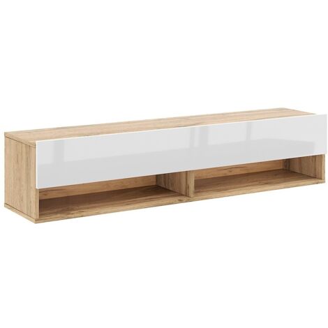 Calicosy – Meuble TV suspendu 1 porte 140x31x30 cm panneaux de particules décor chêne et blanc – Design contemporain – Poids max 20 kg (1/5)