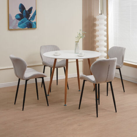 M&S – Ensemble repas table ronde blanche 100x100cm + 4 chaises velours gris – Pieds en métal noir – Design scandi