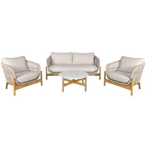 Salon de jardin 4 places + 1 table en corde beige et bois - TERATZA (1/5)