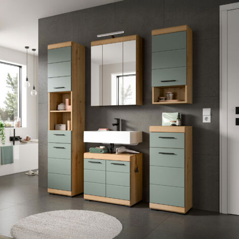 M&S – Ensemble de meubles de salle de bain avec lampe chêne brun et kaki – Armoire 60x19x79cm et meuble sous lavabo 60x35x56cm – Prêt à monter