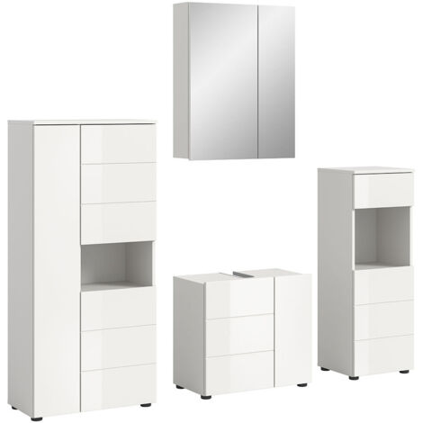 Armoire de toilette + 3 meubles blanc brillant - VARKA (1/5)