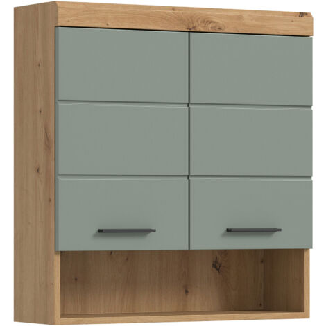 M&S – Meuble suspendu 2 portes 74x24x79 cm chêne brun et kaki – Niche large pour rangement – Étagères réglables en hauteur