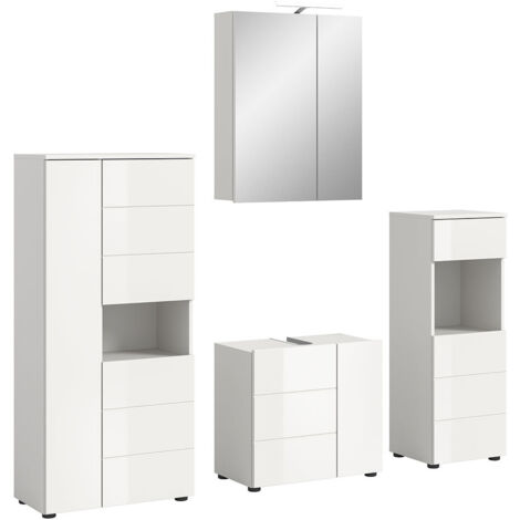 Armoire de toilette + 3 meubles blanc brillant + lampe - VARKA (1/5)