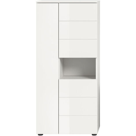 Ebuy24 – Meuble bas de salle de bain blanc brillant 60x34x133 cm – Panneaux mélaminés résistants à l'humidité – Compartiments modulables (1/5)