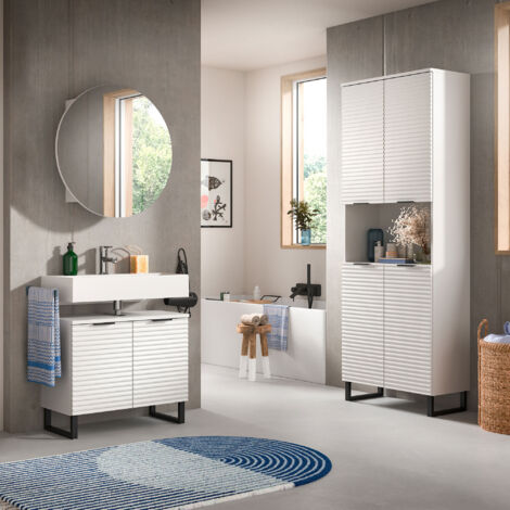 Ensemble Meuble Salle De Bain Vicco Kiko - Blanc Mat / Imitation Béton - 3 Pièces - Neuf