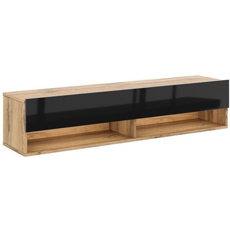 Meuble TV suspendu 1 porte 140x31x30 cm décor noir et chêne - LESLI (1/5)