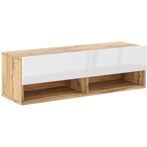Meuble TV suspendu 1 porte 100 cm décor chêne et blanc - LESLI (1/5)