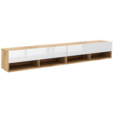Meuble TV suspendu 2 portes 200 cm décor chêne et blanc - LESLI (1/5)