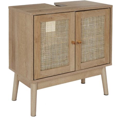 The Home Deco Factory – Meuble sous vasque simple en panneaux de particules et rotin – Dimensions 60x30x70 cm – Étagère intérieure pour rangement – Découpe pour syphon incluse