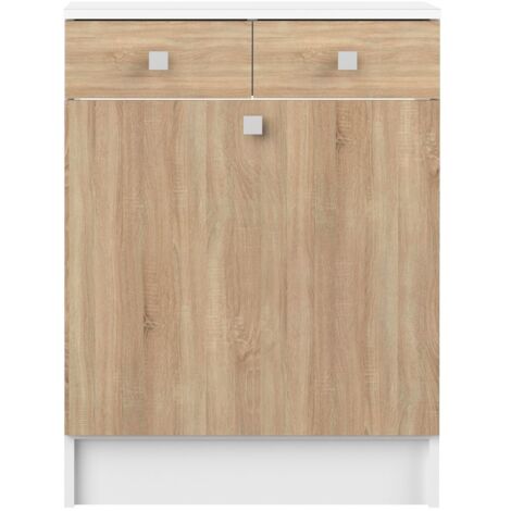 Meuble 2 tiroirs et 1 porte bac à linge décor chêne et blanc - ROOMY (1/4)